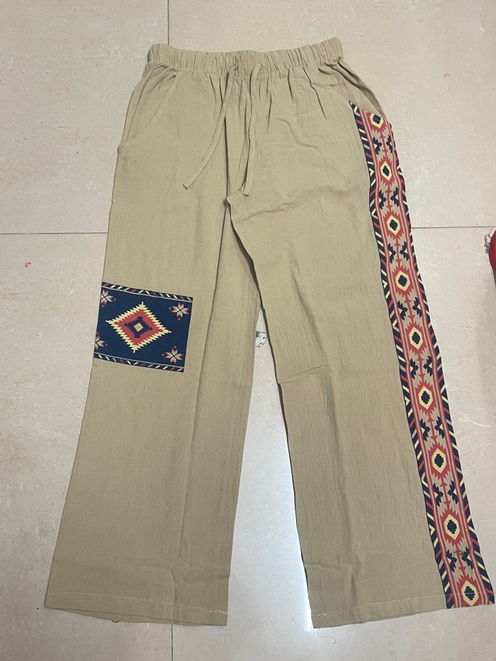 Men's Stylish Loose Cotton Blend Geometric Pattern Pants With Pockets, Casual Breathable Comfy Trousers For City Walk Street Hanging Outdoor Activities