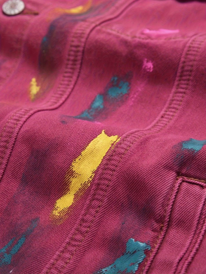 Men's 85% Cotton Multi-color Paint Pattern Denim Jacket, Casual Stylish Coat Spring And Autumn Outdoor Clothes