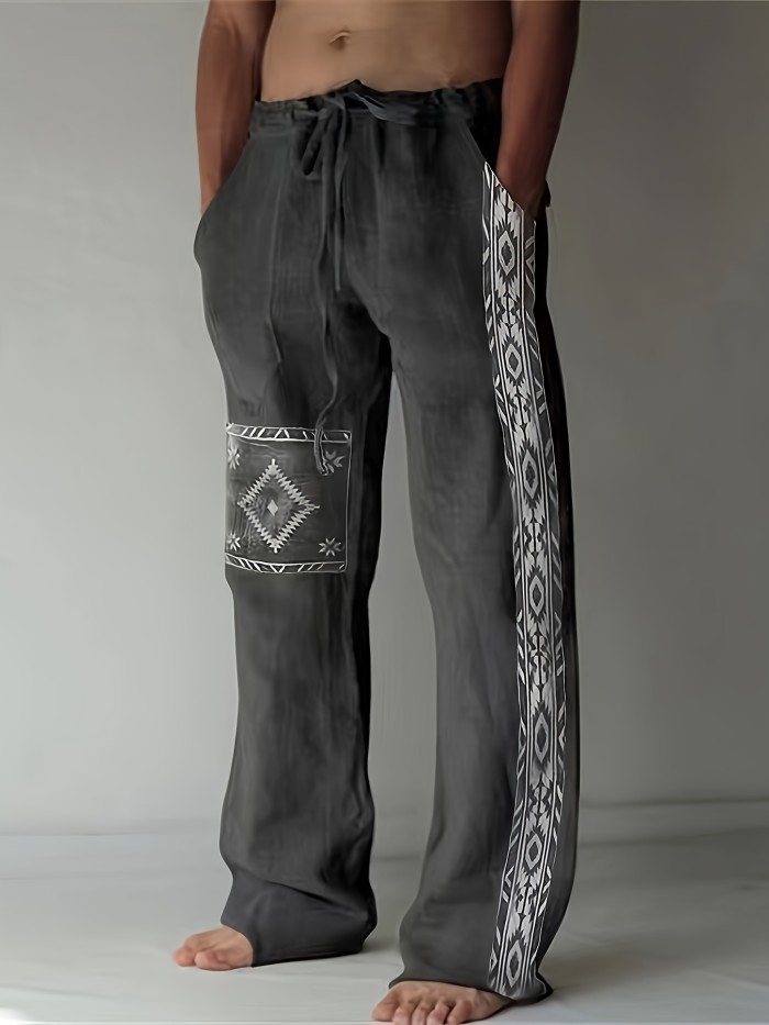 Men's Stylish Loose Cotton Blend Geometric Pattern Pants With Pockets, Casual Breathable Comfy Trousers For City Walk Street Hanging Outdoor Activities
