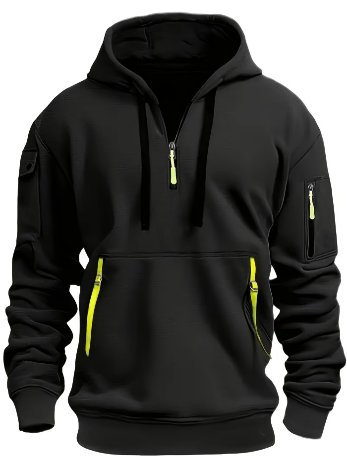 Men's Solid Color Hooded Long Sleeve Sweatshirt With Zippered Henley Neck, A Kangaroo Pocket And Fluorescent Color Drawstrings, Chic And Stylish Tops For Spring And Autumn Sports And Outdoors Wear