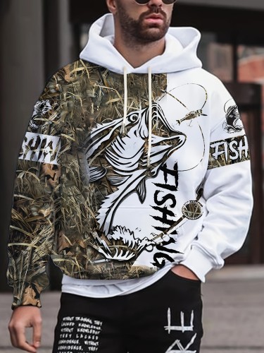 Men's Casual Fishing Pattern 3D Print Hooded Sweatshirt