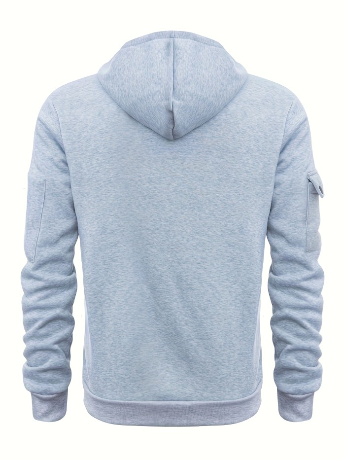 Men's Solid Color Hooded Long Sleeve Sweatshirt With Zippered Henley Neck, A Kangaroo Pocket And Fluorescent Color Drawstrings, Chic And Stylish Tops For Spring And Autumn Sports And Outdoors Wear