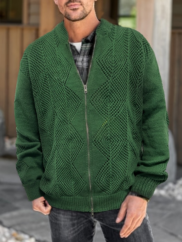 Plus Size Men's Argyle Knit Cardigan With Zipper Fashion Casual Jacket For Fall Winter, Men's Clothing