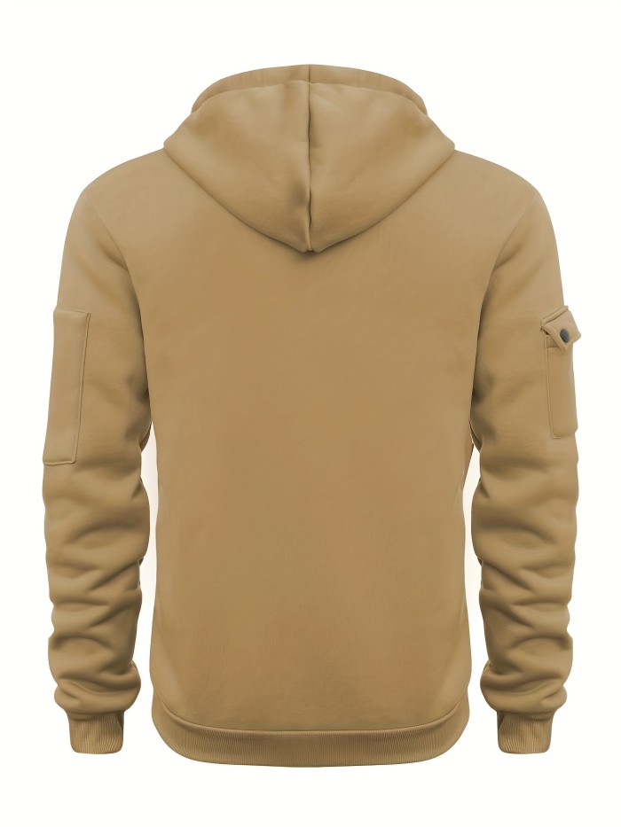 Men's Solid Color Hooded Long Sleeve Sweatshirt With Zippered Henley Neck, A Kangaroo Pocket And Fluorescent Color Drawstrings, Chic And Stylish Tops For Spring And Autumn Sports And Outdoors Wear