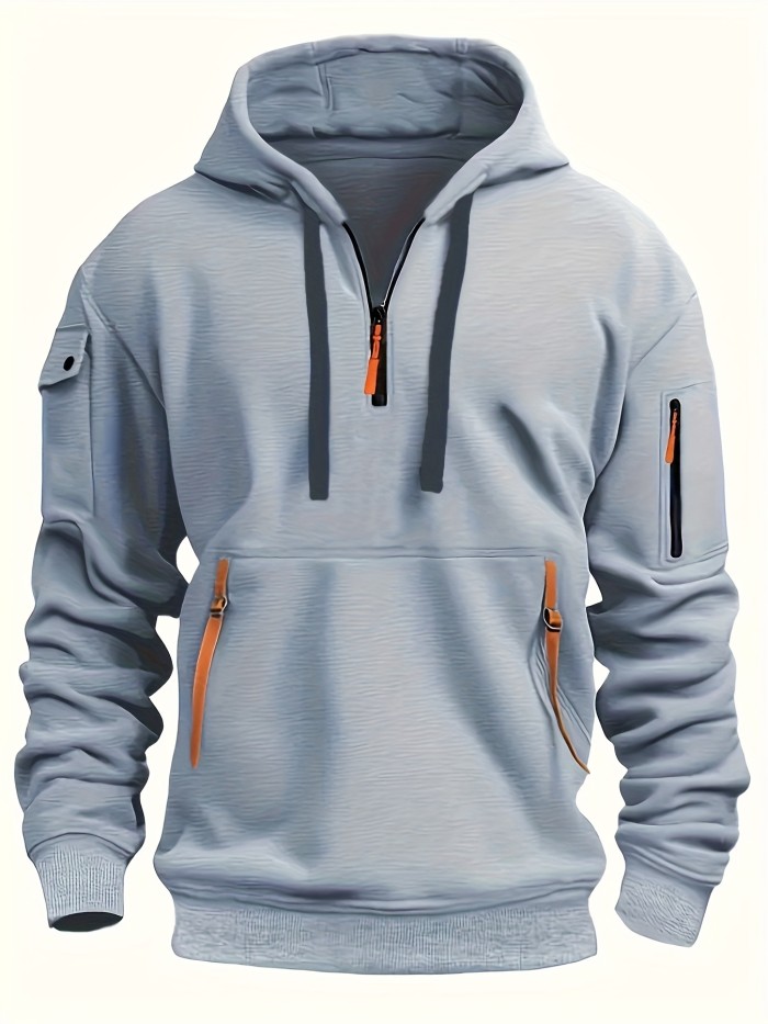 Men's Solid Color Hooded Long Sleeve Sweatshirt With Zippered Henley Neck, A Kangaroo Pocket And Fluorescent Color Drawstrings, Chic And Stylish Tops For Spring And Autumn Sports And Outdoors Wear