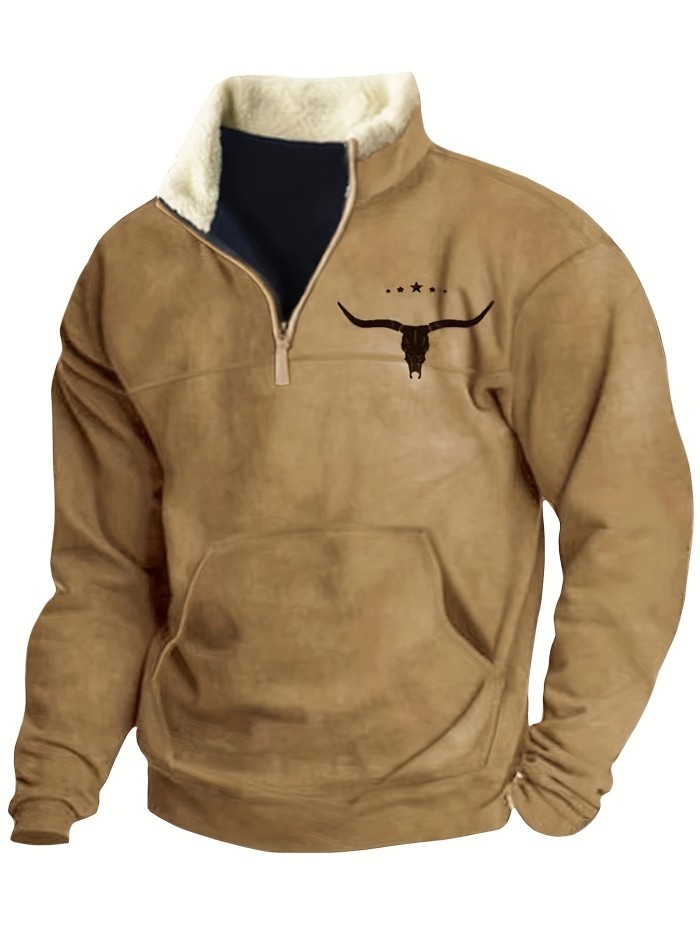 Men's Vintage Print Casual Long Sleeve 1\u002F4 Zip Cowboy Sweatshirt, Western Aztec Fleece Pullover Sweatshirt, Winter Fall