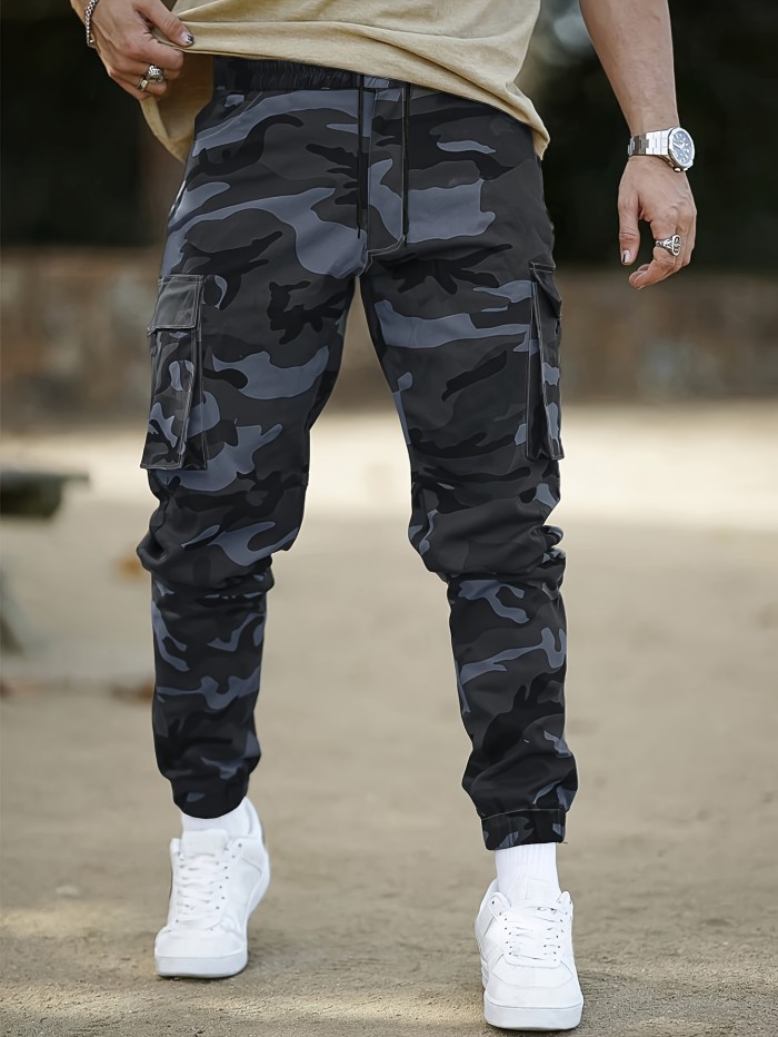 Cotton Trendy Camouflage Color Cargo Pants, Men's Camo Multi Flap Pocket Trousers, Loose Casual Outdoor Pants, Men's Work Pants, Streetwear Hip Hop Style