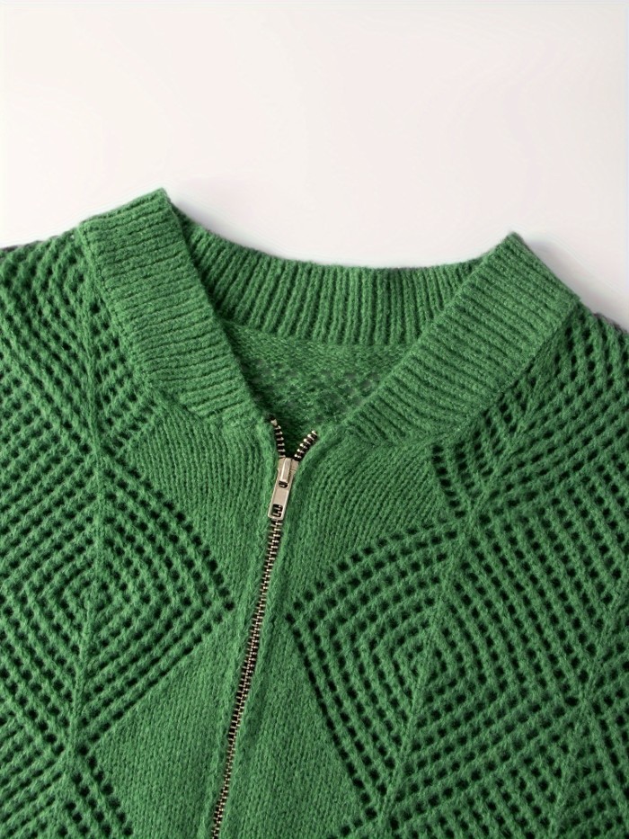 Plus Size Men's Argyle Knit Cardigan With Zipper Fashion Casual Jacket For Fall Winter, Men's Clothing