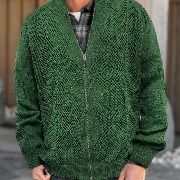 Plus Size Men's Argyle Knit Cardigan With Zipper Fashion Casual Jacket For Fall Winter, Men's Clothing