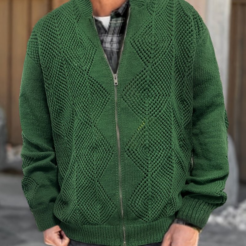 Plus Size Men's Argyle Knit Cardigan With Zipper Fashion Casual Jacket For Fall Winter, Men's Clothing