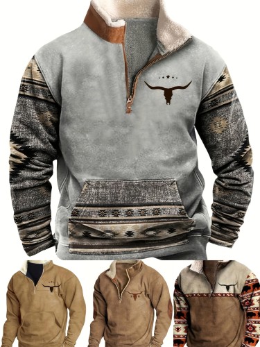 Men's Vintage Print Casual Long Sleeve 1\u002F4 Zip Cowboy Sweatshirt, Western Aztec Fleece Pullover Sweatshirt, Winter Fall
