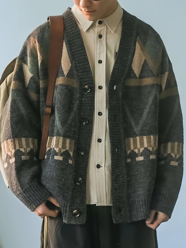 Classic Design Men's Spring And Autumn Ethnic Style Geometric Pattern V-neck Button Up And Long Sleeve Knit Cardigan, Varsity Style Tops For Daily Leisurewear