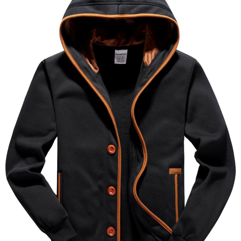 Men's Casual Sport Jacket Fleece Clash Hooded Jacket with Button Up