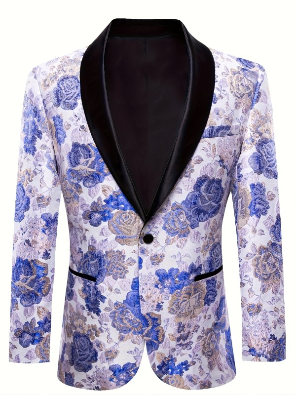 Mens Suit White Blue Floral Tuxedo Shawl Collar Single Breasted Blazer For Male Wedding Prom Event High Quality 1200 Stiches Woven