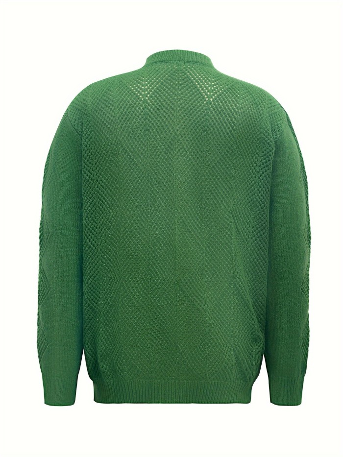 Plus Size Men's Argyle Knit Cardigan With Zipper Fashion Casual Jacket For Fall Winter, Men's Clothing