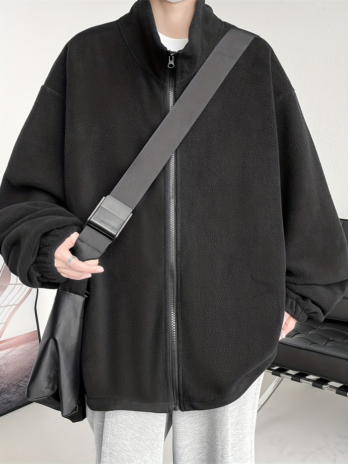 Men's Loose Solid Fleece Reversible Jacket, Casual Lapel Zip Up Long Sleeve Outwear For Spring Fall Outdoor