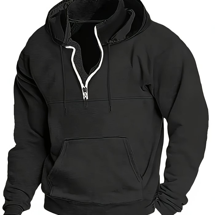 Simple Half Zip Hoodie With Kangaroo Pocket, Men's Casual Pullover Hooded Sweatshirt