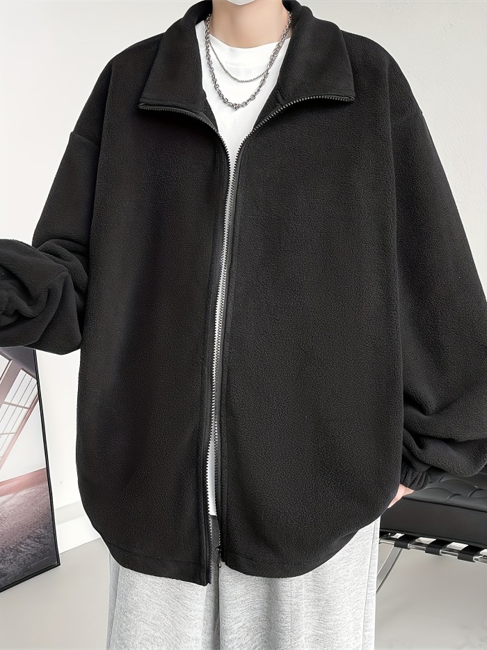 Men's Loose Solid Fleece Reversible Jacket, Casual Lapel Zip Up Long Sleeve Outwear For Spring Fall Outdoor