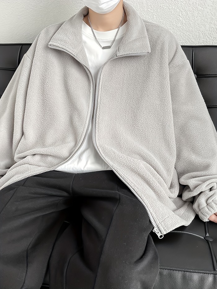 Men's Loose Solid Fleece Reversible Jacket, Casual Lapel Zip Up Long Sleeve Outwear For Spring Fall Outdoor