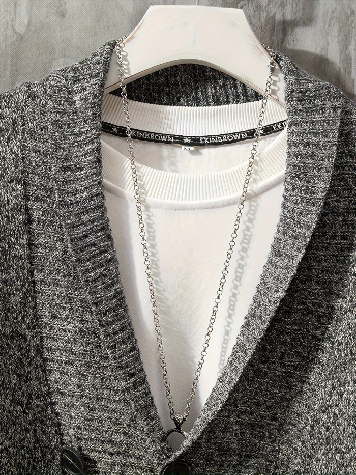 Men's Casual V-Neck Cardigan Polyester 100% Knit Sweater with Medium Stretch, Solid Color, Long Regular Sleeves, Button Detail - Fall\u002FWinter Collection