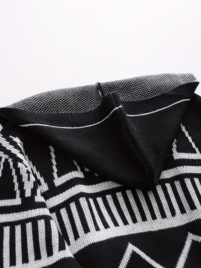 Elegant Slightly Stretch Ethnic Retro Cardigan, Men's Casual Vintage Style V Neck Cardigan Sweater Coat For Fall Winter