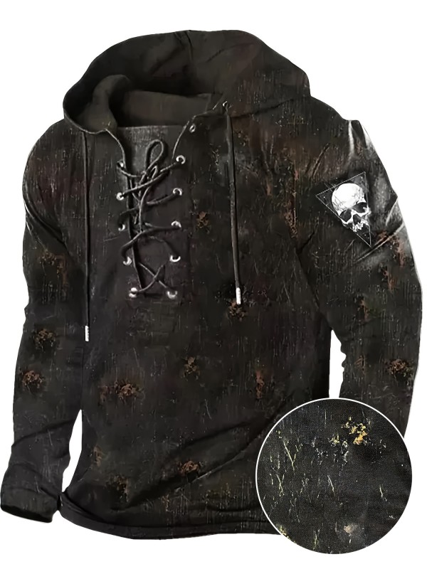 Retro Lace Up Gothic Style Hoodies For Men, Men's Casual Graphic Design Hooded Sweatshirt Streetwear For Winter Fall, As Gifts