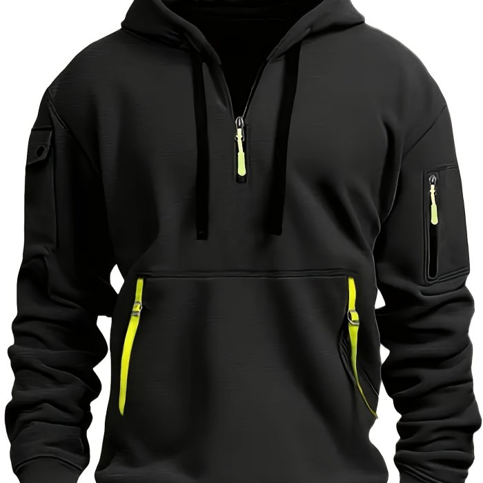 Men's Solid Color Hooded Long Sleeve Sweatshirt With Zippered Henley Neck, A Kangaroo Pocket And Fluorescent Color Drawstrings, Chic And Stylish Tops For Spring And Autumn Sports And Outdoors Wear