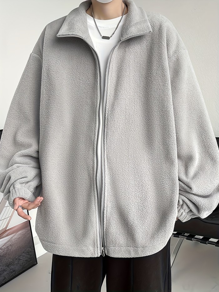 Men's Loose Solid Fleece Reversible Jacket, Casual Lapel Zip Up Long Sleeve Outwear For Spring Fall Outdoor
