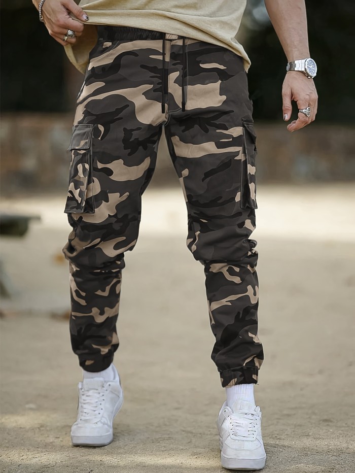 Cotton Trendy Camouflage Color Cargo Pants, Men's Camo Multi Flap Pocket Trousers, Loose Casual Outdoor Pants, Men's Work Pants, Streetwear Hip Hop Style
