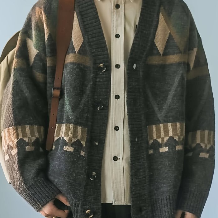 Classic Design Men's Spring And Autumn Ethnic Style Geometric Pattern V-neck Button Up And Long Sleeve Knit Cardigan, Varsity Style Tops For Daily Leisurewear