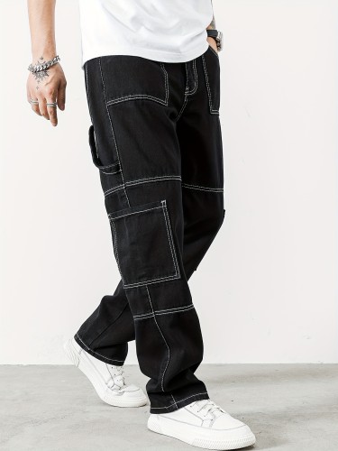 Mens Loose Fit Straight Leg Cargo Pants - Stylish, Comfortable, and Functional Outdoor Denim Pants with Multiple Pockets for K-Pop Fans and Trendy Individuals