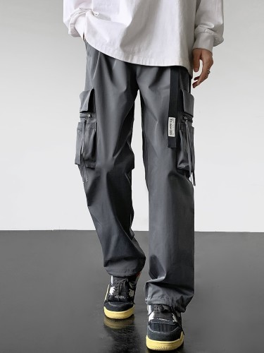 Men's Casual Solid Color Cargo Pants with 3D Pockets, 100% Polyester Woven Fabric, Elastic Waist with Belt, Regular Fit, All-Season Outdoor Wear