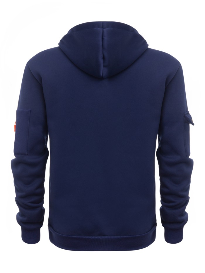 Men's Solid Color Hooded Long Sleeve Sweatshirt With Zippered Henley Neck, A Kangaroo Pocket And Fluorescent Color Drawstrings, Chic And Stylish Tops For Spring And Autumn Sports And Outdoors Wear