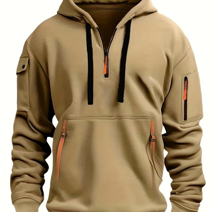 Men's Solid Color Hooded Long Sleeve Sweatshirt With Zippered Henley Neck, A Kangaroo Pocket And Fluorescent Color Drawstrings, Chic And Stylish Tops For Spring And Autumn Sports And Outdoors Wear
