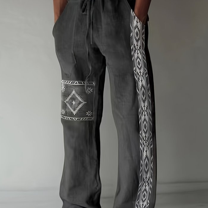 Men's Stylish Loose Cotton Blend Geometric Pattern Pants With Pockets, Casual Breathable Comfy Trousers For City Walk Street Hanging Outdoor Activities