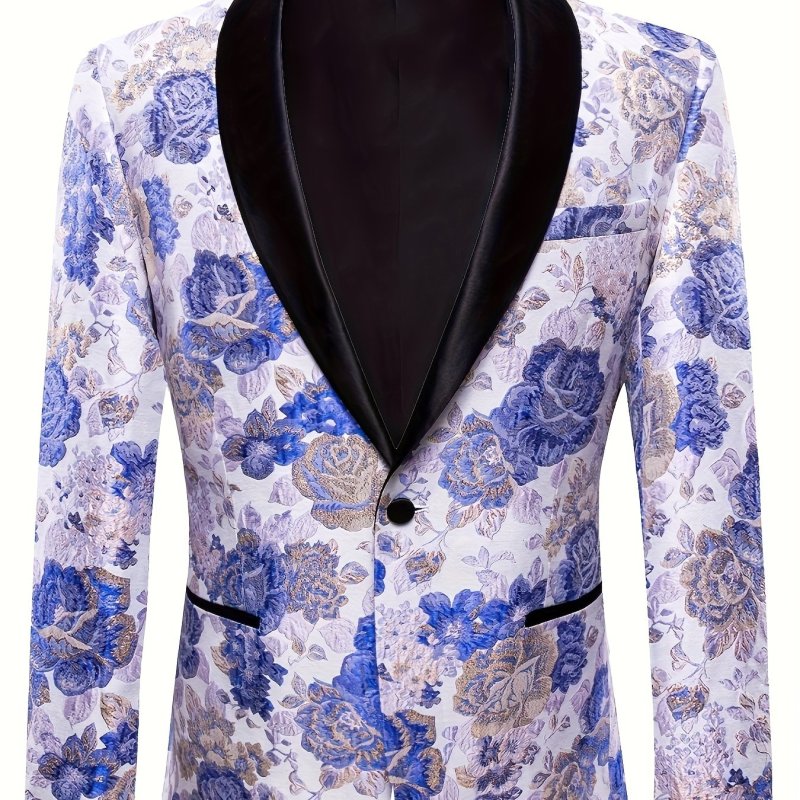 Mens Suit White Blue Floral Tuxedo Shawl Collar Single Breasted Blazer For Male Wedding Prom Event High Quality 1200 Stiches Woven