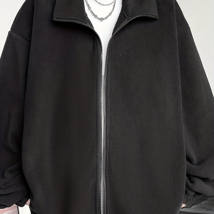Men's Loose Solid Fleece Reversible Jacket, Casual Lapel Zip Up Long Sleeve Outwear For Spring Fall Outdoor