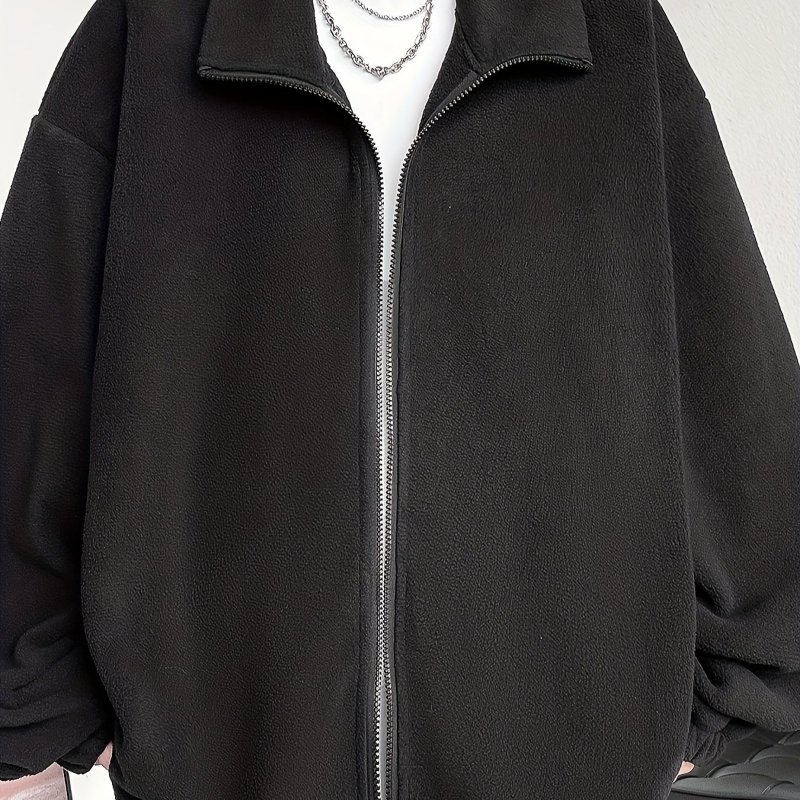 Men's Loose Solid Fleece Reversible Jacket, Casual Lapel Zip Up Long Sleeve Outwear For Spring Fall Outdoor