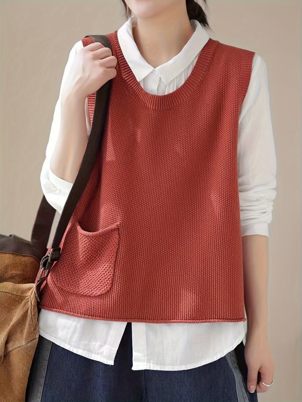 Solid Crew Neck Knitted Vest, Casual Sleeveless Loose Sweater With Pocket, Women's Clothing