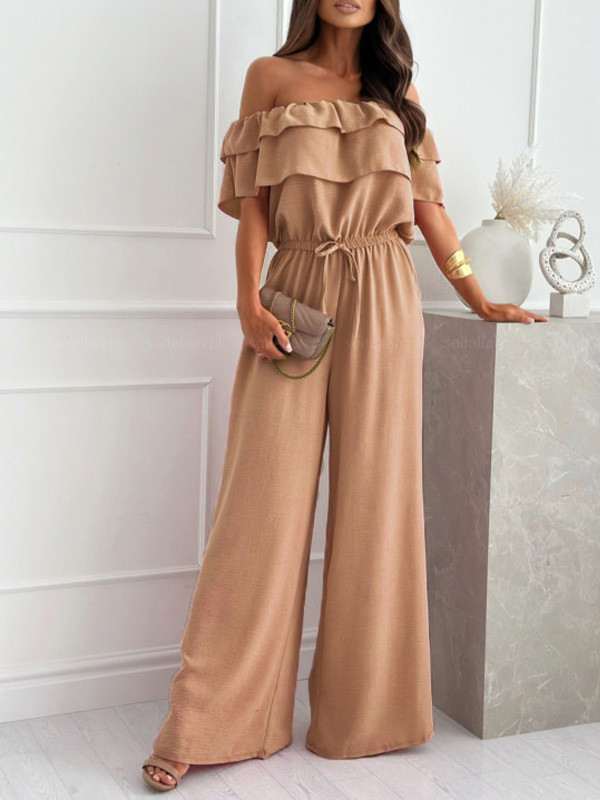 One-line Collar Solid Color Waistband Jumpsuit