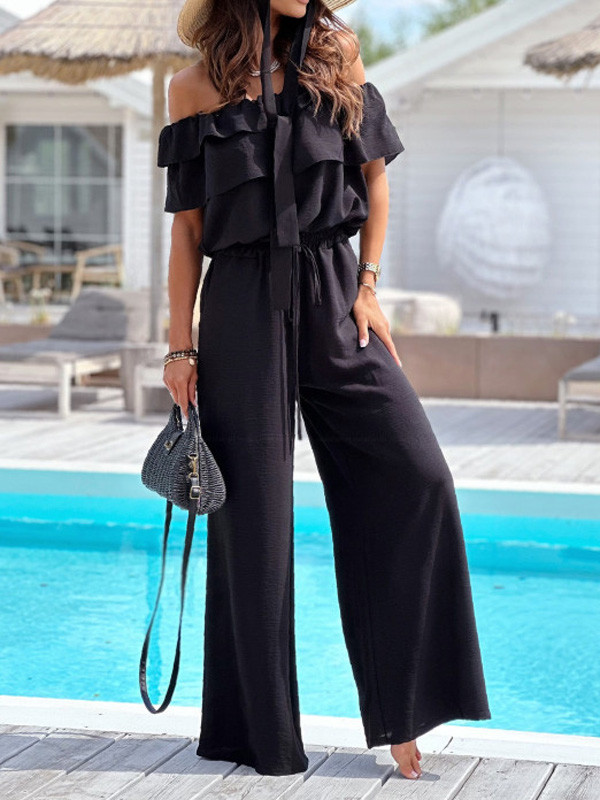 One-line Collar Solid Color Waistband Jumpsuit