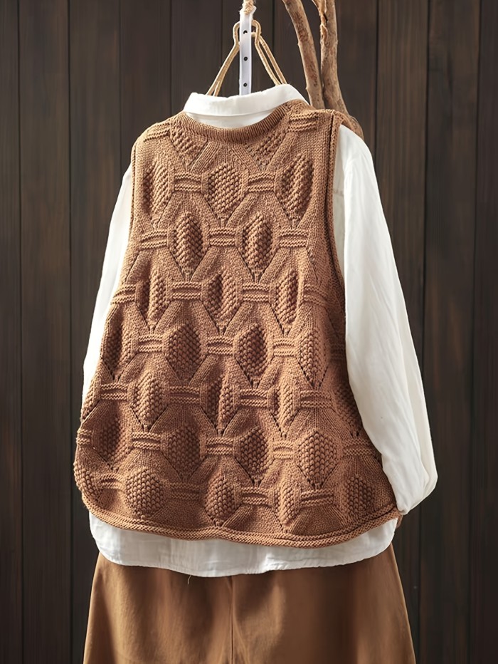 Casual Acrylic Blend Knit Vest - V-neck, Solid Color with Hollow Detail, Pullover Style, All-Season Sleeveless Top
