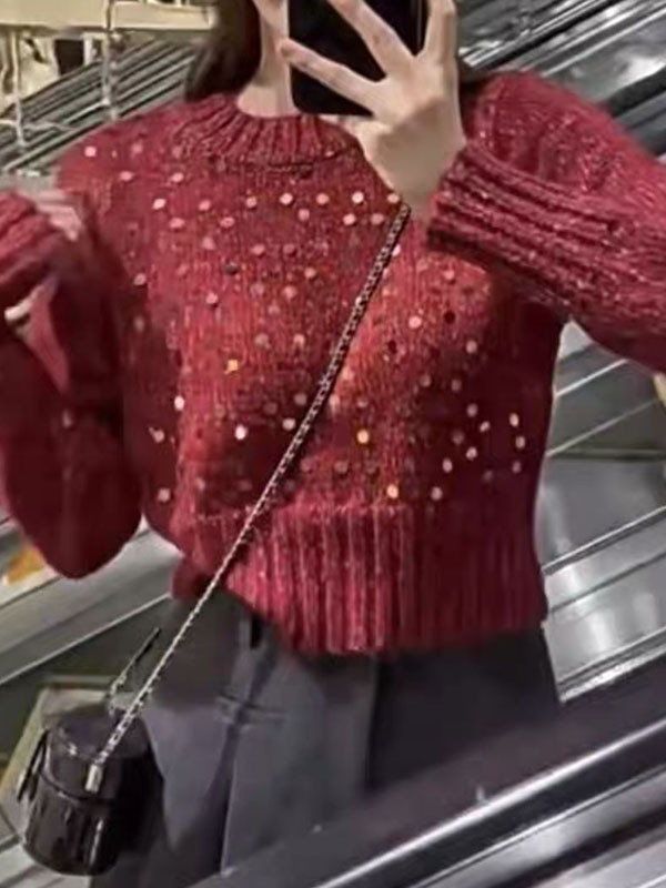Long Sleeves Loose Sequined Split-Joint Round-Neck Pullovers Sweater Tops