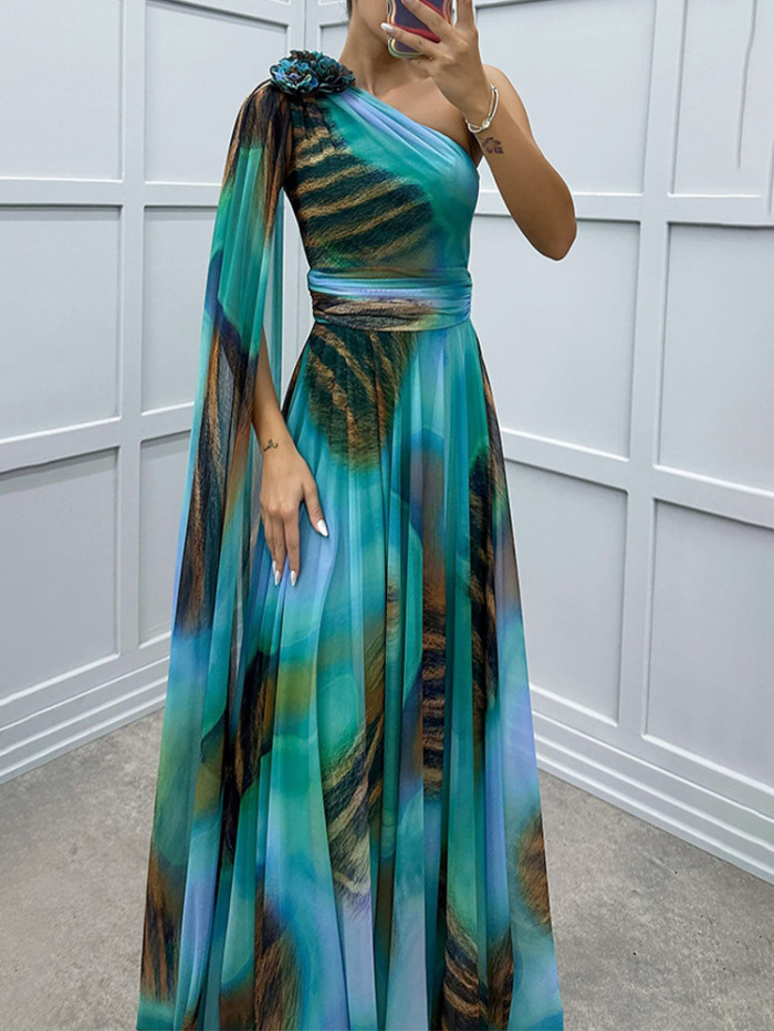 Chic Chiffon Print Off-Shoulder Dress