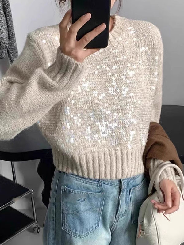 Long Sleeves Loose Sequined Split-Joint Round-Neck Pullovers Sweater Tops