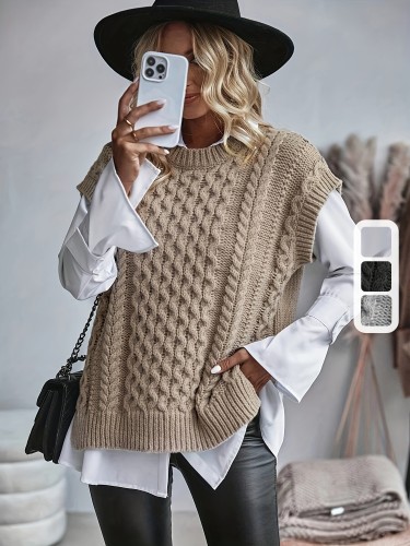 Solid Cable Knit Knitted Vest, Casual Sleeveless Crew Neck Split Hem Top, Women's Clothing