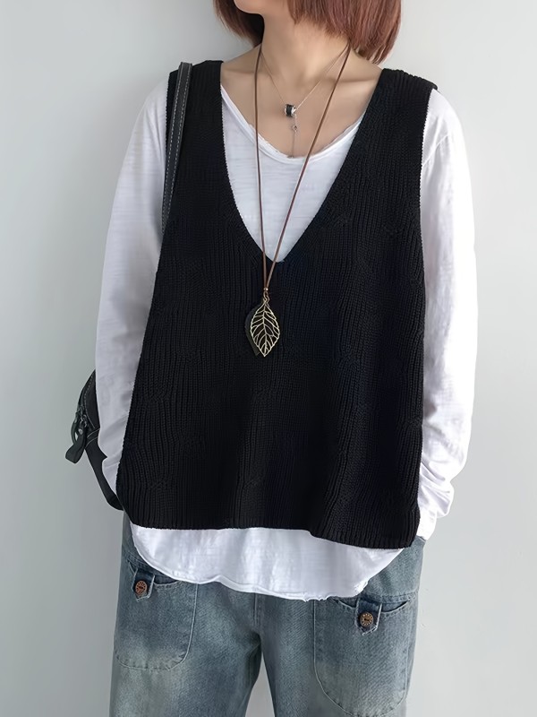 Vibrant Solid Color V Neck Sweater Vest - Soft Mid Elasticity Cotton Knit Fabric, Casual Sleeveless Design for Spring & Fall, Machine Washable, Womens Clothing for Everyday Wear