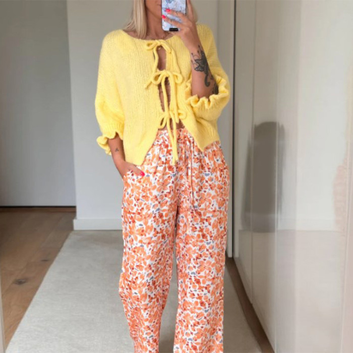 Stylish Casual Yellow Lace-Up Sweater