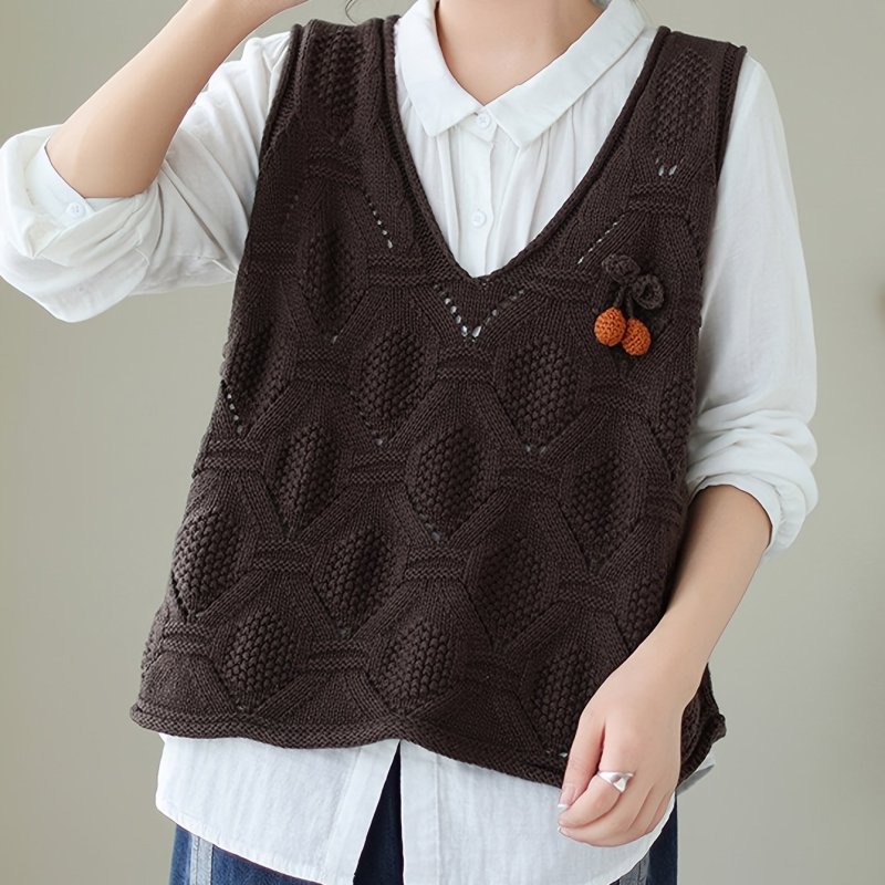 Casual Acrylic Blend Knit Vest - V-neck, Solid Color with Hollow Detail, Pullover Style, All-Season Sleeveless Top