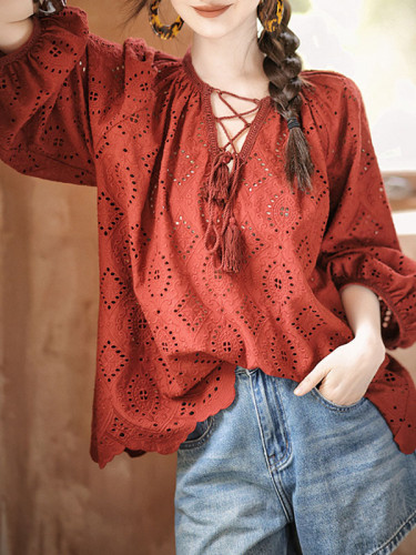 Long Sleeves Loose Hollow Pleated Solid Color Split-Joint Tied V-Neck Blouses&Shirts Tops
